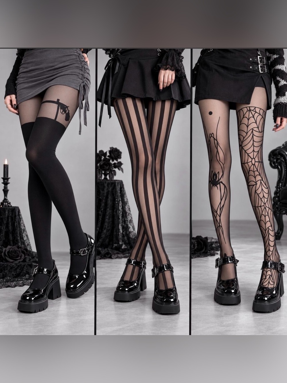 Ripe Black Patterned Sheer Tights Trio – Stripes, Web & Garters